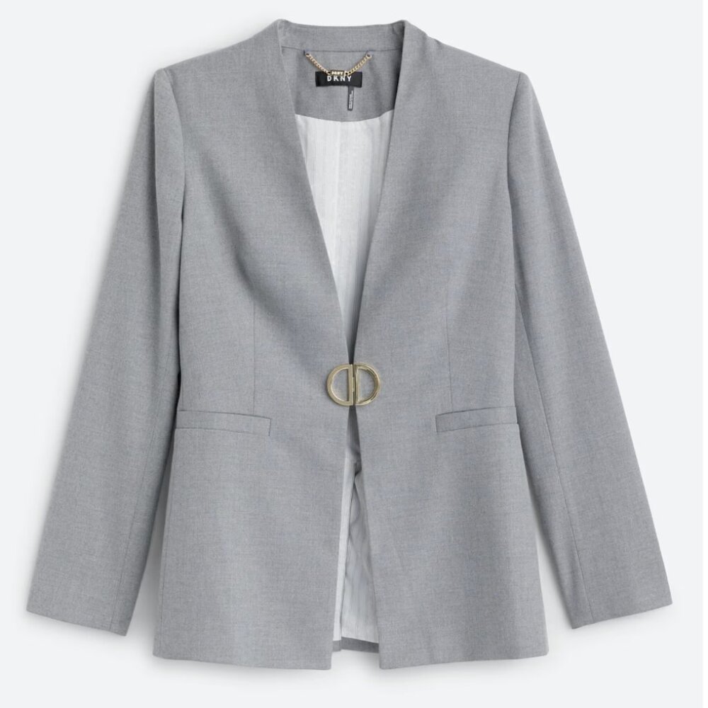 DKNY Gray Open-Front Blazer with Gold Ring Accent